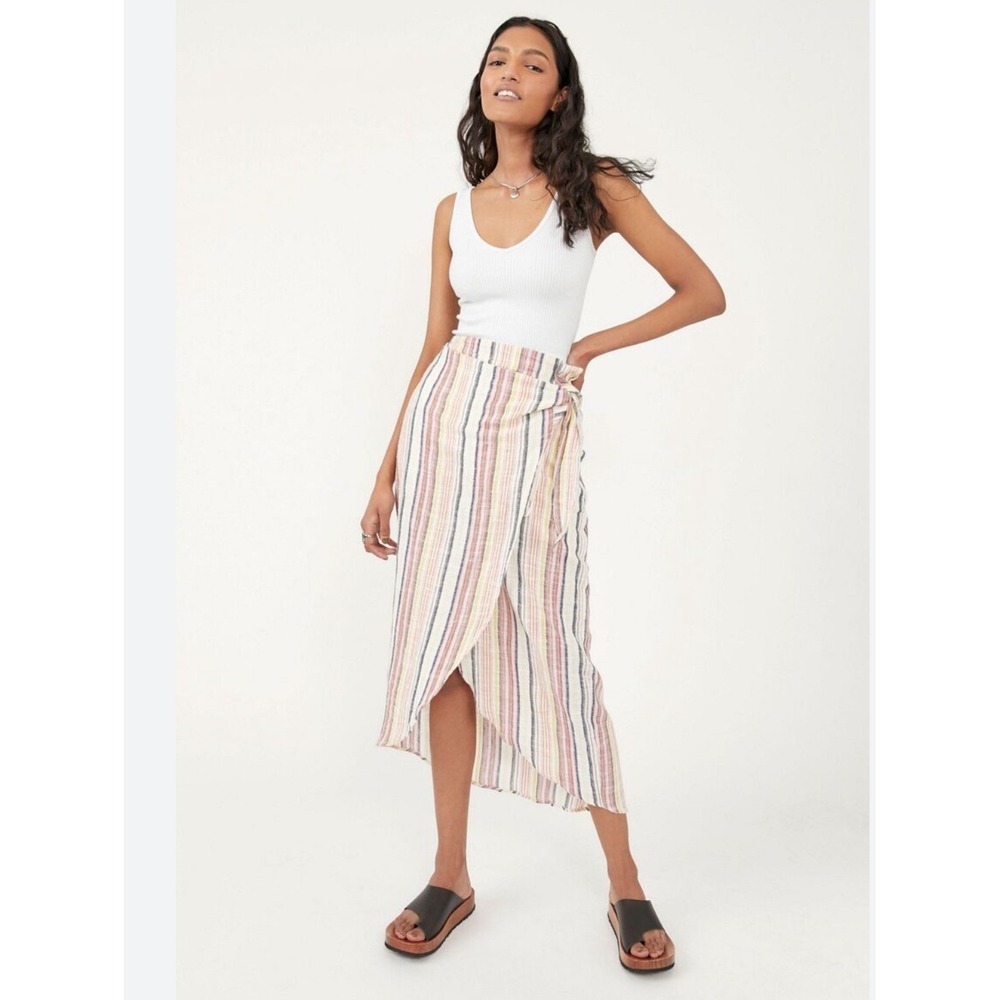 Free People NWT Aubrey Sarong Skirt Striped Wrap Tie Cotton Midi women's size‎ 4